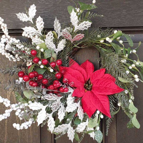 Christmas Handmade Red Flower Silver Wreath Home Office Decor Door Wall Hanger - Picture 1 of 8